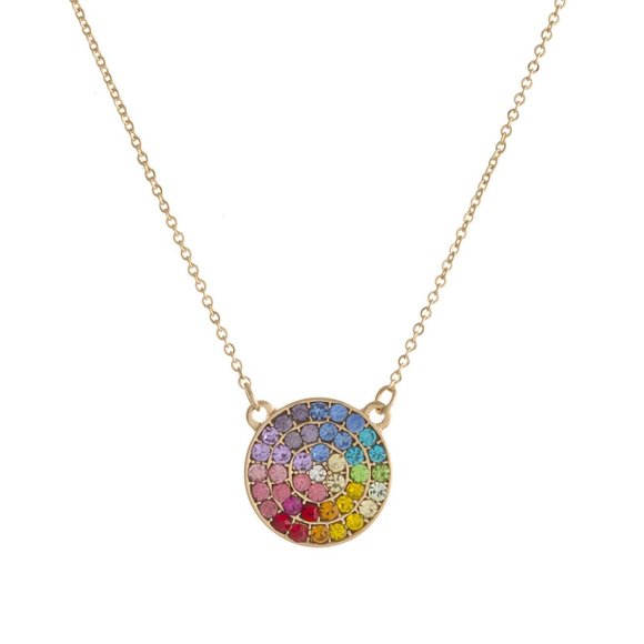 Crystal Avenue Jewelry - Rainbow Cubic Zirconia Disc Pendant Necklace Gold